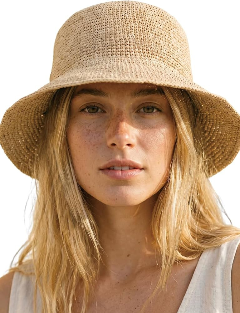 Raffia Straw Bucket Hat for Women Summer Beach Hats Handwoven Natural Raffia Bucket Hat Foldable ... | Amazon (UK)