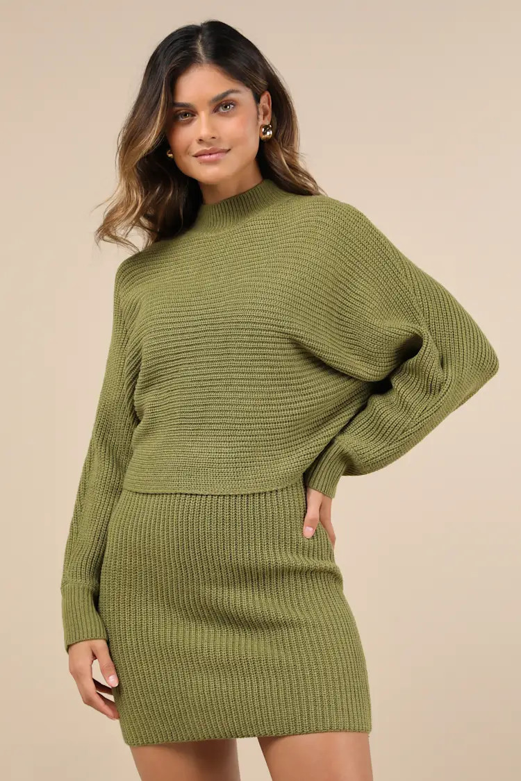 Toasty Times Olive Green Long Sleeve Two-Piece Sweater Dress | Lulus