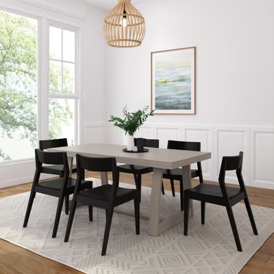 Plank+Beam 72" Classic Solid Wood Dining Table Set with 6 Black Chairs, Seashell Wirebrush | Target
