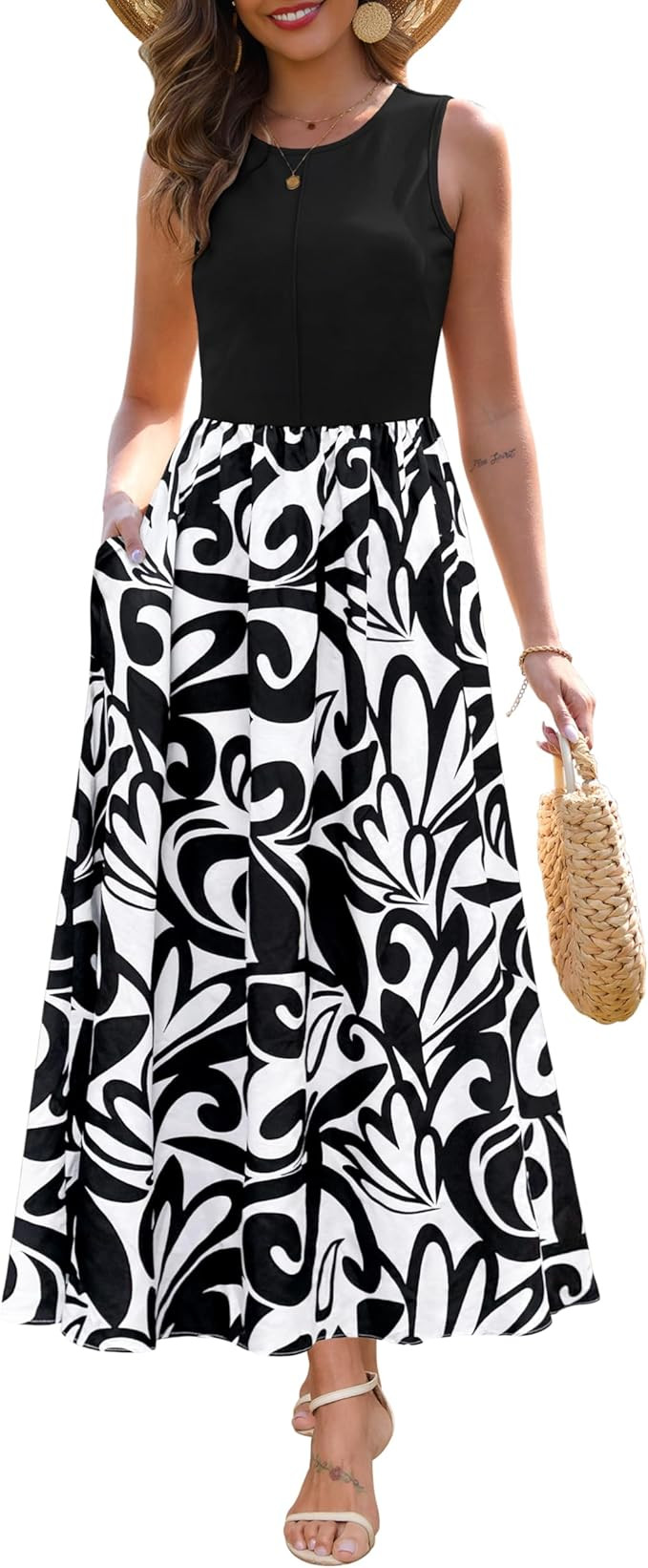 Zattcas Women's Summer Casual Sleeveless Patchwork Knit Crew Neck Tank Top Flowy Long Maxi Dresse... | Amazon (US)