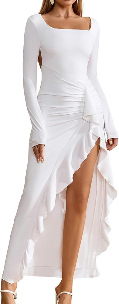 GLNEGE Women Long Sleeve Backless Bodycon Formal Maxi Dress Square Neck Ruffle Slit Wedding Guest... | Amazon (US)