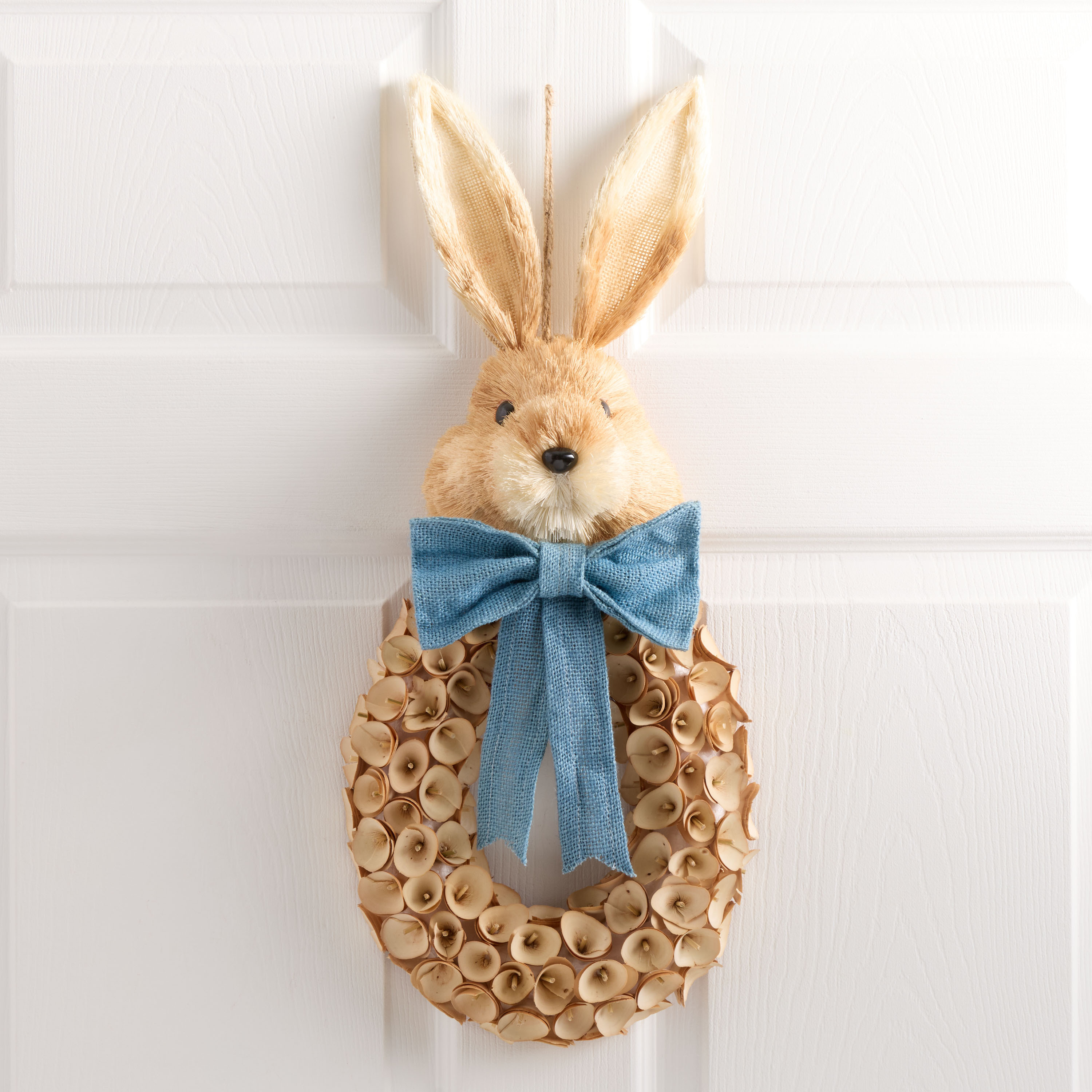 Natural Bunny with Blue Bow Wood Curl Wreath | World Market