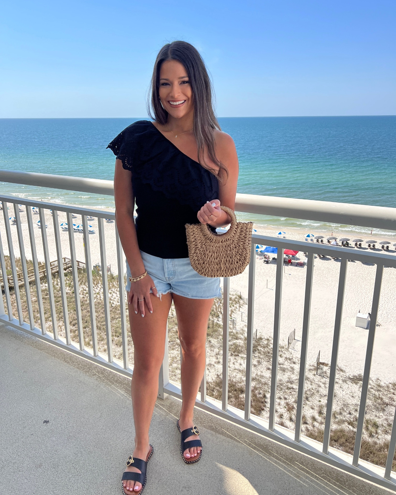 BRB going to grab this one shoulder top in more colors 🤩 also can we talk about these sandals?! 🖤 | outfit | ootd | outfit inspo | summer outfits | sandals | one shoulder top | straw purse | beach | vacation outfits | black sandals | black top | date night outfits | summer | jean shorts | 

#LTKU #LTKshoecrush #LTKFind