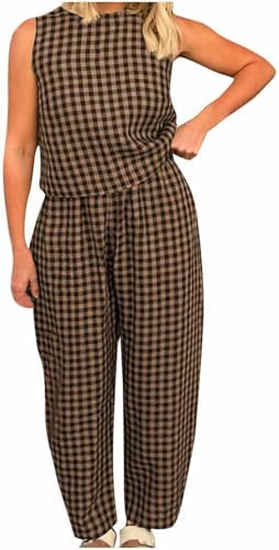 NSICBMNO Co Ord Sets For Women Summer Lounge Wear Sets Plaid Pyjamas Sleeveless Vest Tops Baggy T... | Amazon (UK)