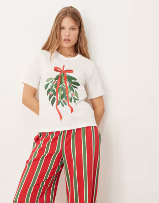 Threadbare short sleeve mistletoe print pyjamas with stripe trouser in cream and red | ASOS (Global)