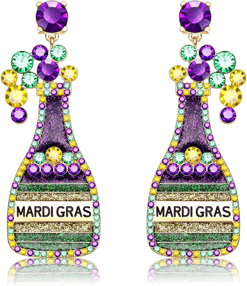 Mardi Gras Earrings for Women Glitter Mask Carnival Drop Earrings Wine Bottle Fleur De Lis Dangle... | Amazon (US)