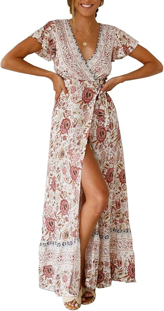 PRETTYGARDEN Women's Summer V Neck Wrap Vintage Floral Print Split Belted Flowy Boho Beach Long D... | Amazon (US)