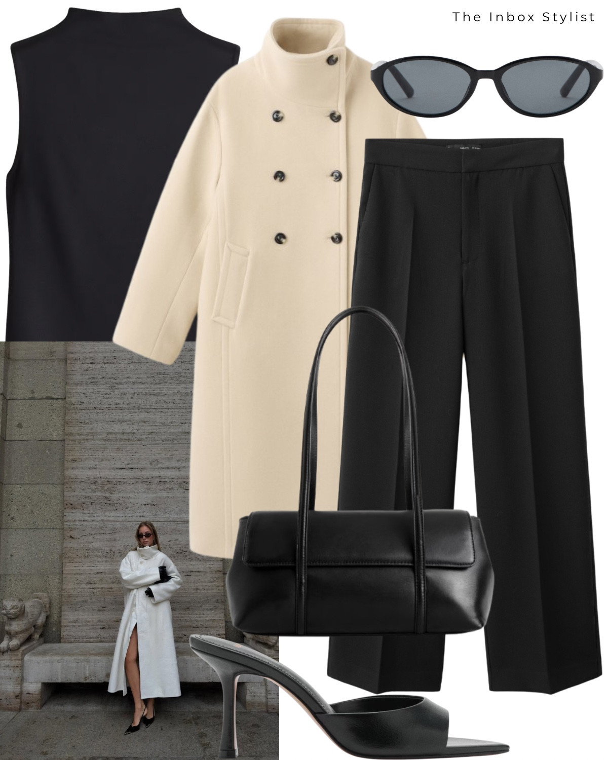An elevated workwear outfit. 

Including white funnel neck coat, sleeveless top, sunglasses, black tailored trousers, black handbag, heel mules  

#LTKuk #LTKworkwear #LTKstyletip