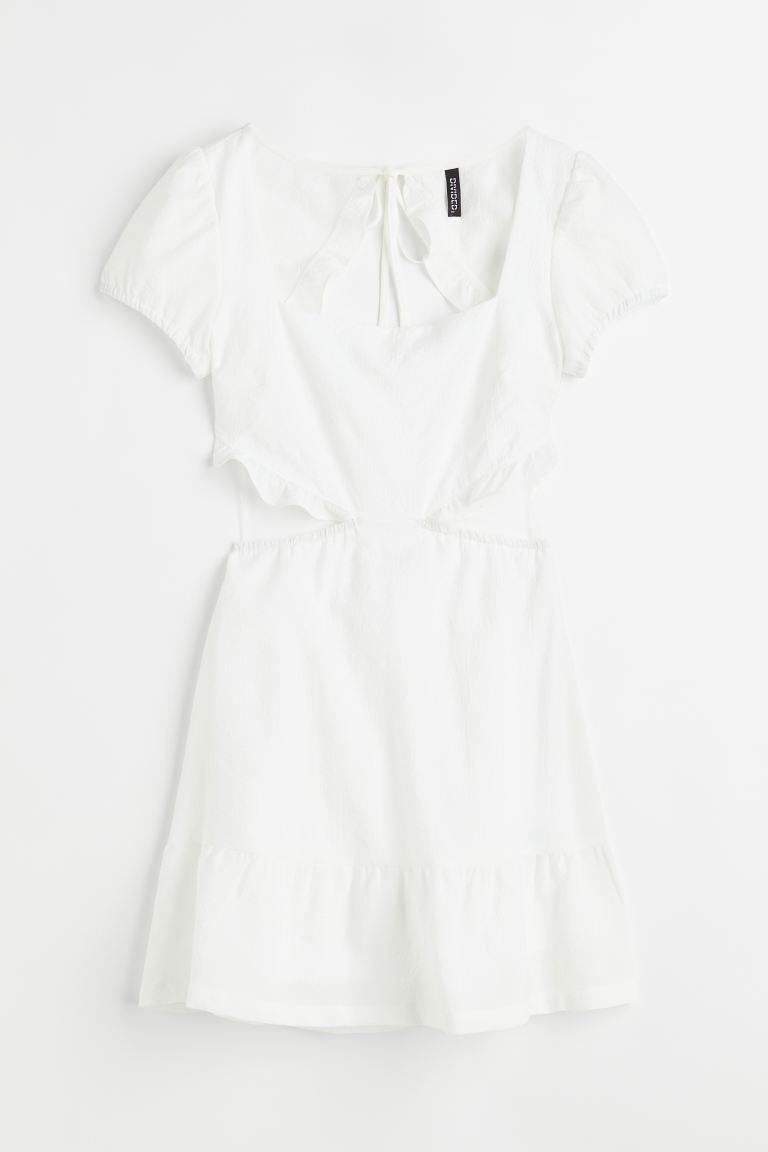 Short dress in woven, crêped fabric. Square neckline and short puff sleeves with narrow elastic ... | H&M (US + CA)