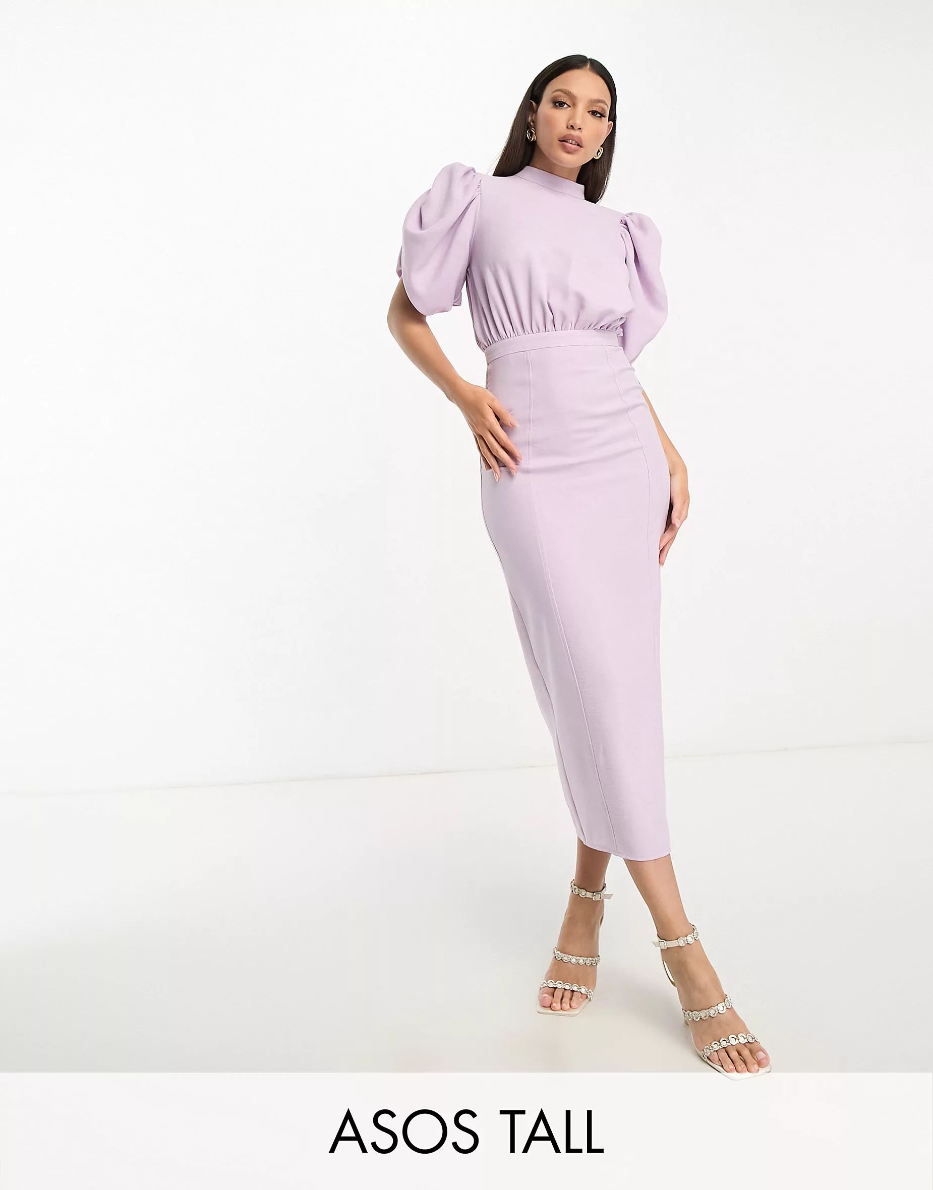 ASOS DESIGN Tall high neck volume sleeve midi dress with fitted skirt in lilac | ASOS (Global)