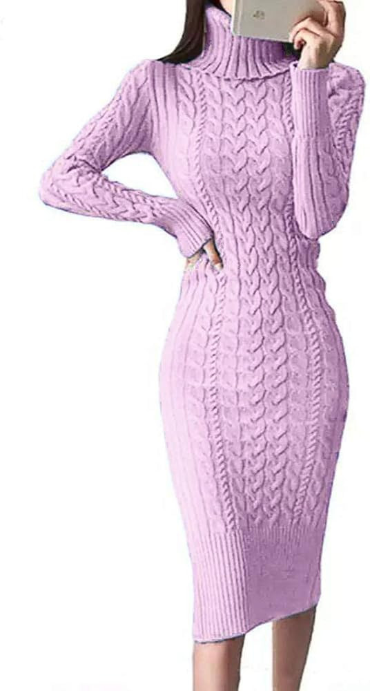 Fangetey Womens Long Sleeve Turtleneck Sweater Dresses Knitted Bodycon Midi Sheath Jumper Dresses | Amazon (US)