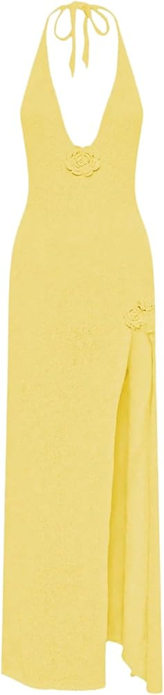 GORGLITTER Women's Flower Bow Halter Bodycon Maxi Dress Backless V Neck Sleeveless Summer Beach V... | Amazon (US)