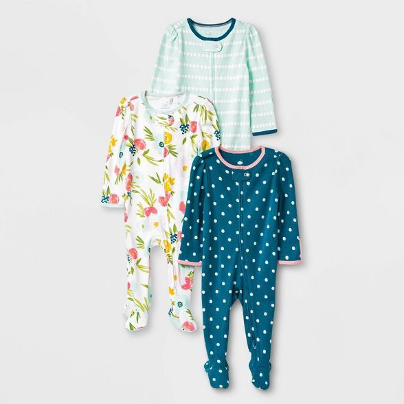 Baby Girls' 3pk Floral Fields Zip-Up Sleep N' Play - Cloud Island™ Mint Green | Target