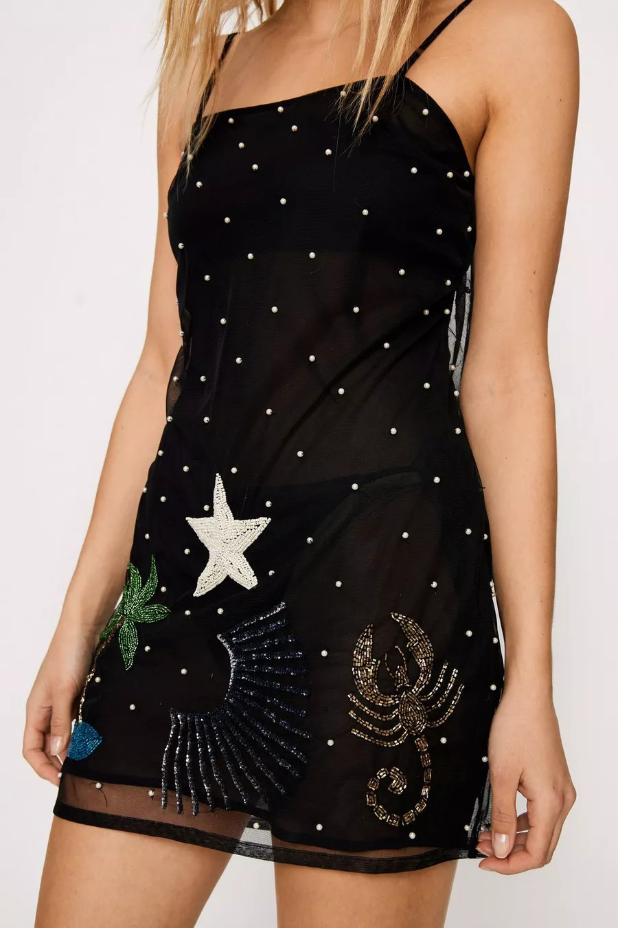Pearl Embellished Mesh Cover Up Mini Dress | Nasty Gal (US)