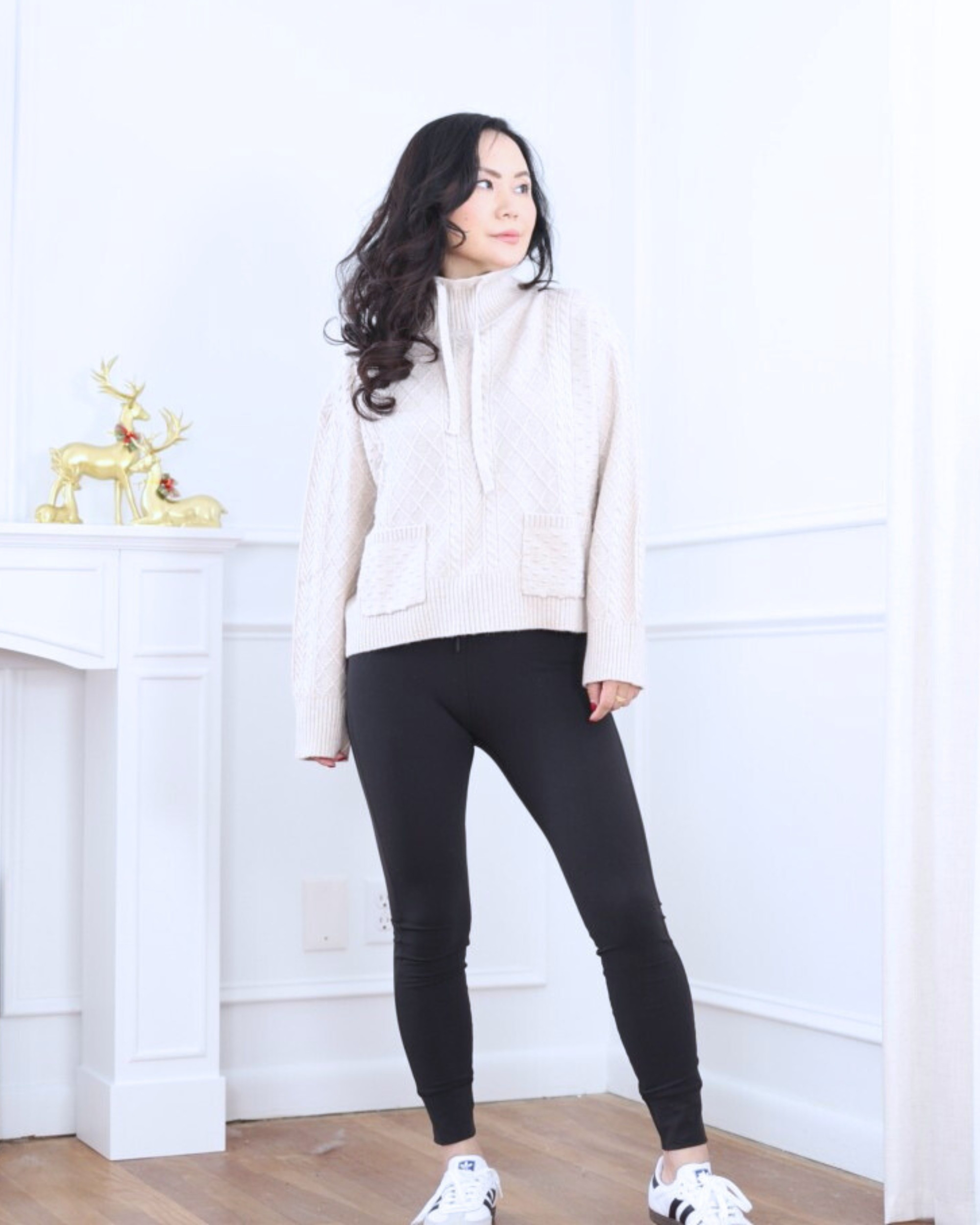 Easy off-duty layers 🤍 Drawstring neck sweater from LOFT paired with Vuori leggings and classic Samba sneakers for a comfy, cool everyday look. I’m 5’2, wearing size XS.

#LTKOver40 #LTKPetite #LTKTravel