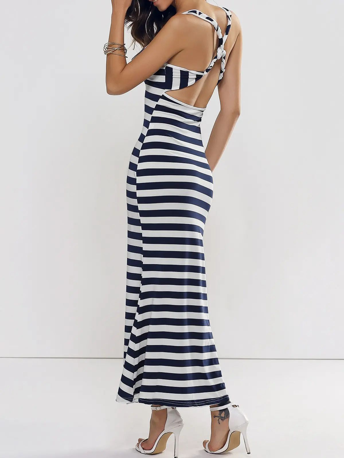 Backless Club Criss Cross Stripe Maxi Dress | Rosegal US