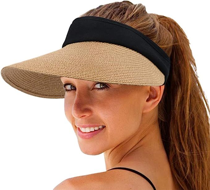 Women Straw Sun Visor Hat Wide Brim Summer UV Protection Beach Cap Foldable Packale Korean Style | Amazon (US)