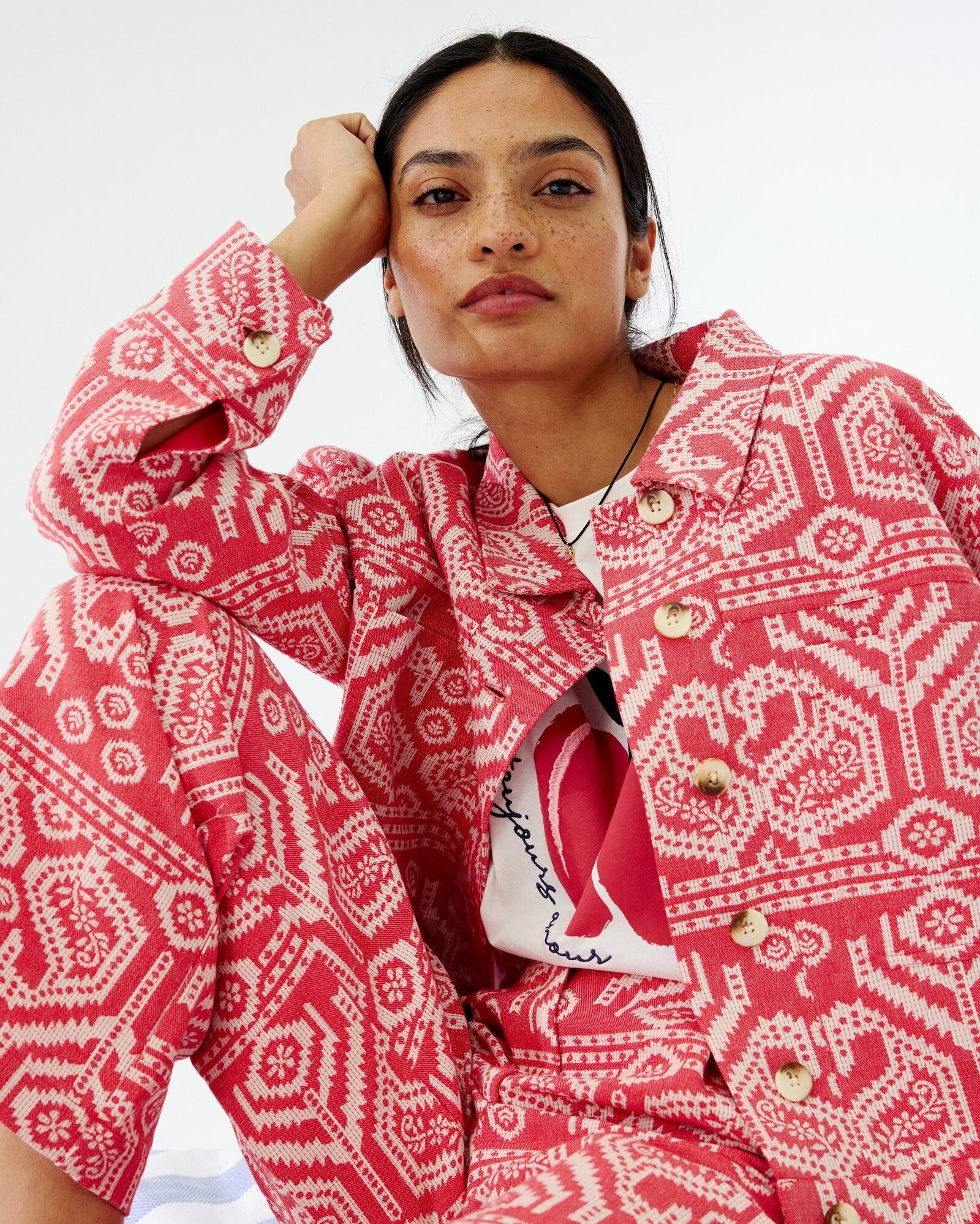 Red & Cream Jacquard Cotton Collared Jacket | Oliver Bonas | Oliver Bonas (Global)