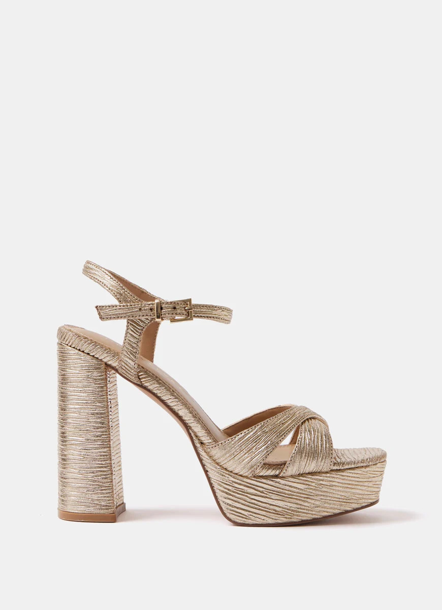 Gold Metallic Plissé Block Heels | Mint Velvet