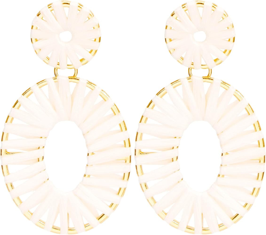 Amazon.com: BaubleStar Raffia Tassel Fringe Rattan Hoop Drop Statement Earrings White Tiered Thre... | Amazon (US)