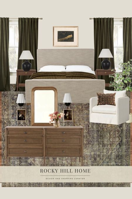 Primary bedroom with tan bed, amber lewis rug, McGee and Co oak dresser, Target accent chair, gold mirror, rustic black lamps, west elm green velvet curtains, moody floral art and Target nightstand 

#LTKstyletip #LTKhome