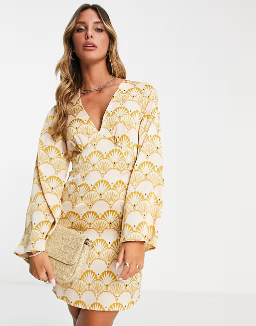 Never Fully Dressed fluted sleeve mini dress in art deco print | ASOS (Global)