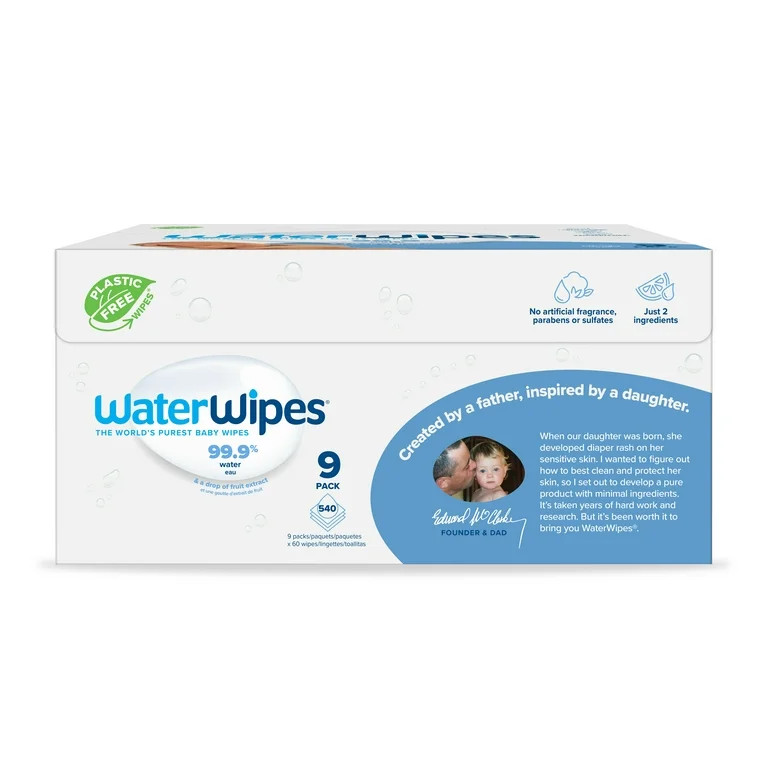 WaterWipes Original 99.9% Water Based Baby Wipes, Unscented, 9 Resealable Packs (540 Wipes) | Walmart (US)