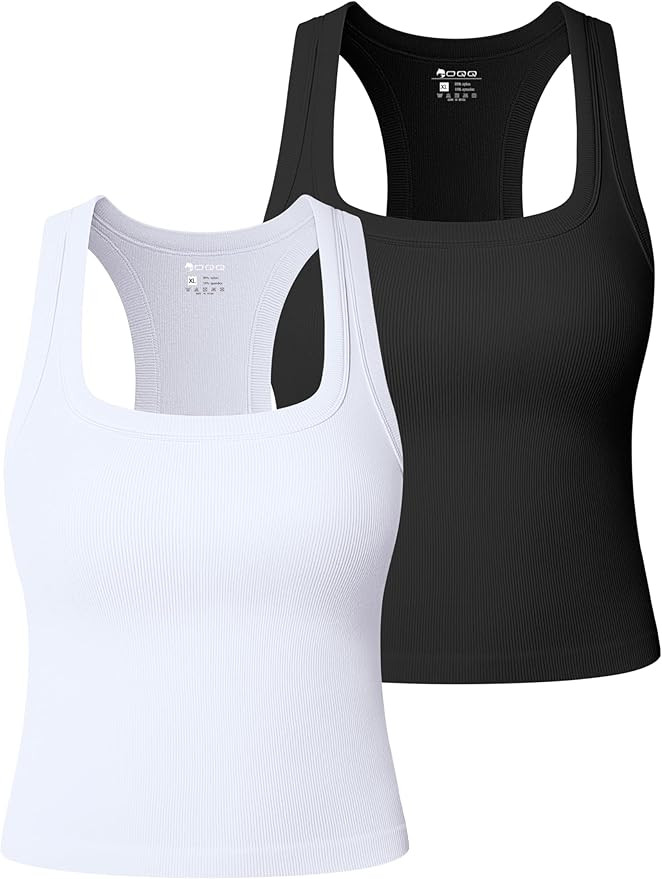 OQQ Women's Tank Top 2-Piece Ribbed Samless Square Neck Sleeveless Tops Stretchy Casual Going Out... | Amazon (US)