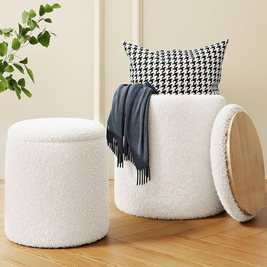 Round Boucle Ottoman with Storage Set of 2, White Ottoman Poufs for Living Room, Sherpa Storage O... | Amazon (US)