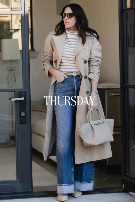 Spring transitional outfit. Theory sweater on sale. Cuffed jeans, trench coatt

#LTKstyletip #LTKover40