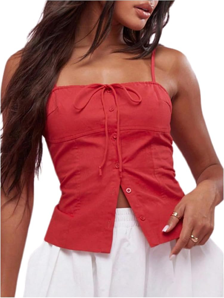 SOLY HUX Women's Tie Front Button Down Cami Top Y2k Spaghetti Strap Bustier Corset Tops Camisole ... | Amazon (US)