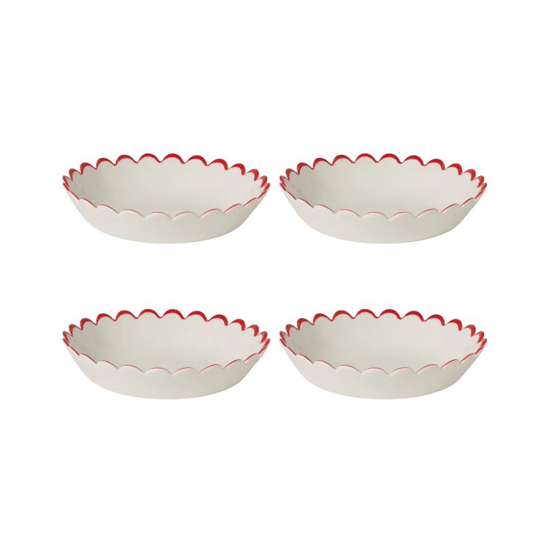Red Edge White Scalloped Bowls - Set of 4 | In the Roundhouse