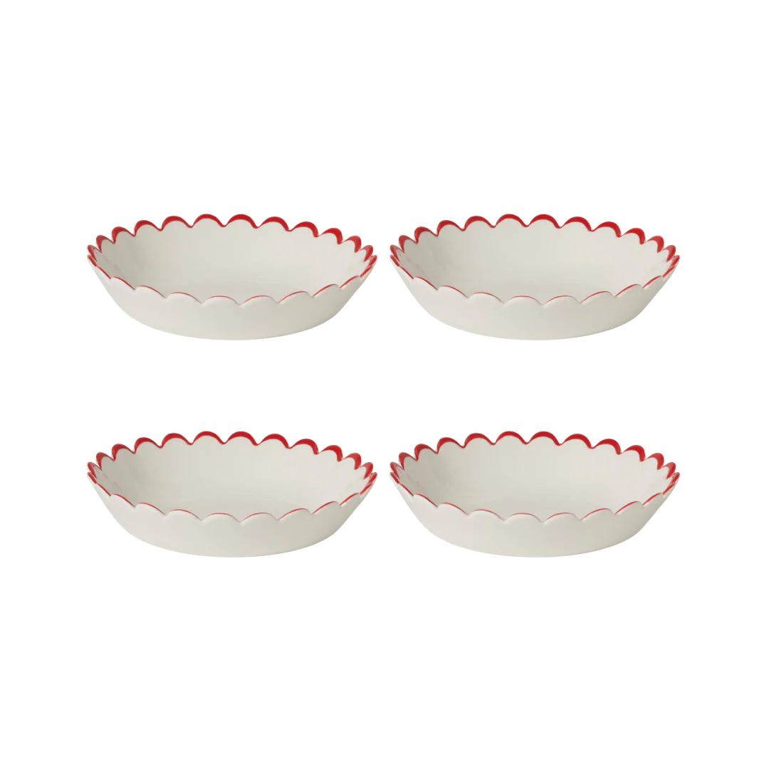 Red Edge White Scalloped Bowls - Set of 4 | In The Roundhouse