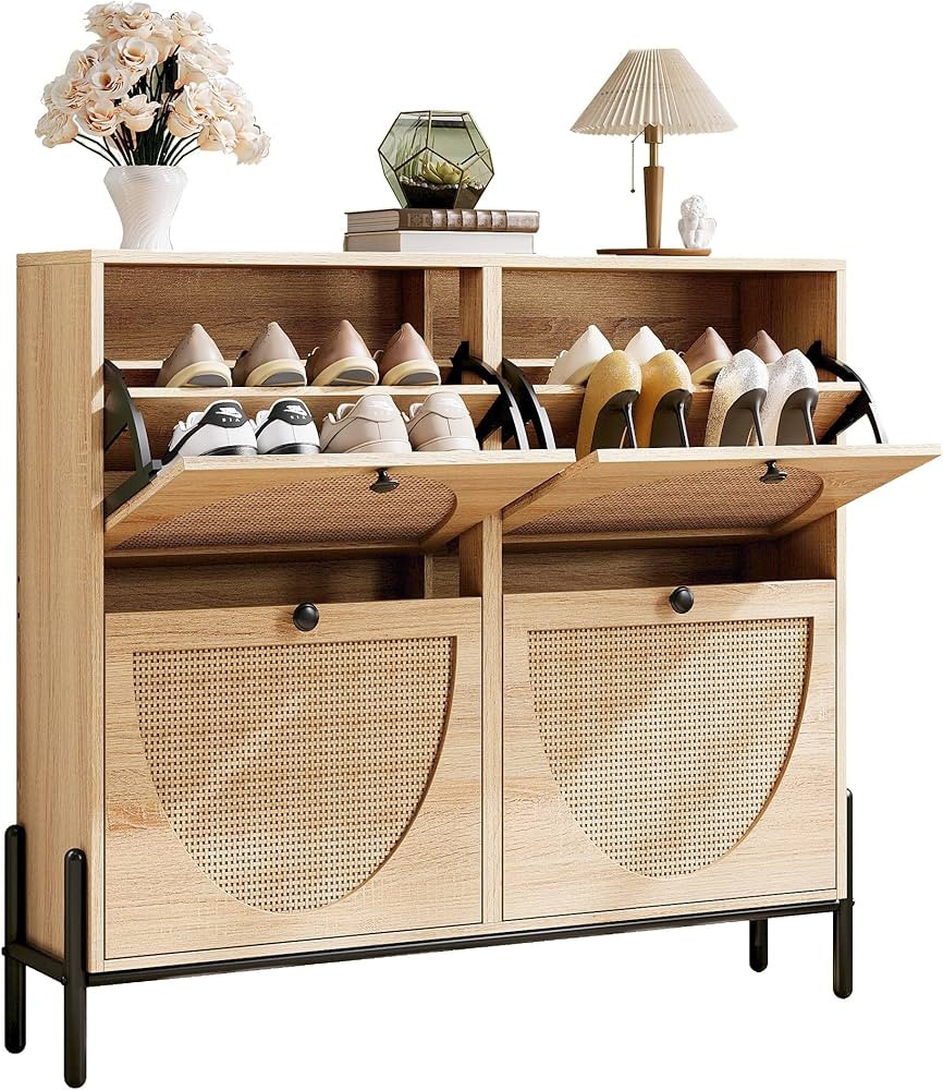 IRONCK Rattan Shoe Cabinet Storage with 4 Flip Drawers, Freestanding Shoe Storage Organizer Cabin... | Amazon (US)