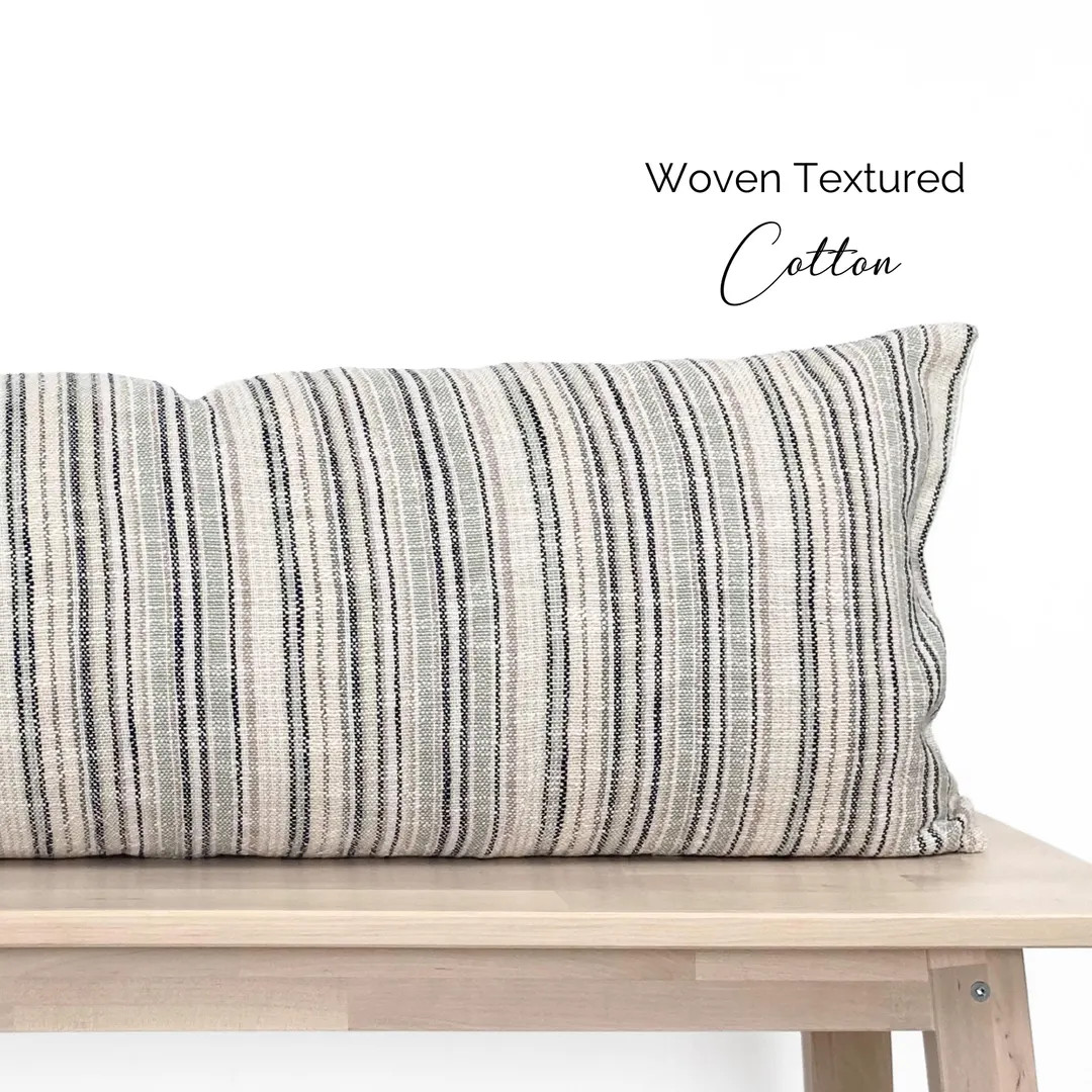 Modern Farmhouse Extra Long Lumbar Pillow Cover, Woven Textured, Ticking Striped Woven Natural Co... | Etsy (US)