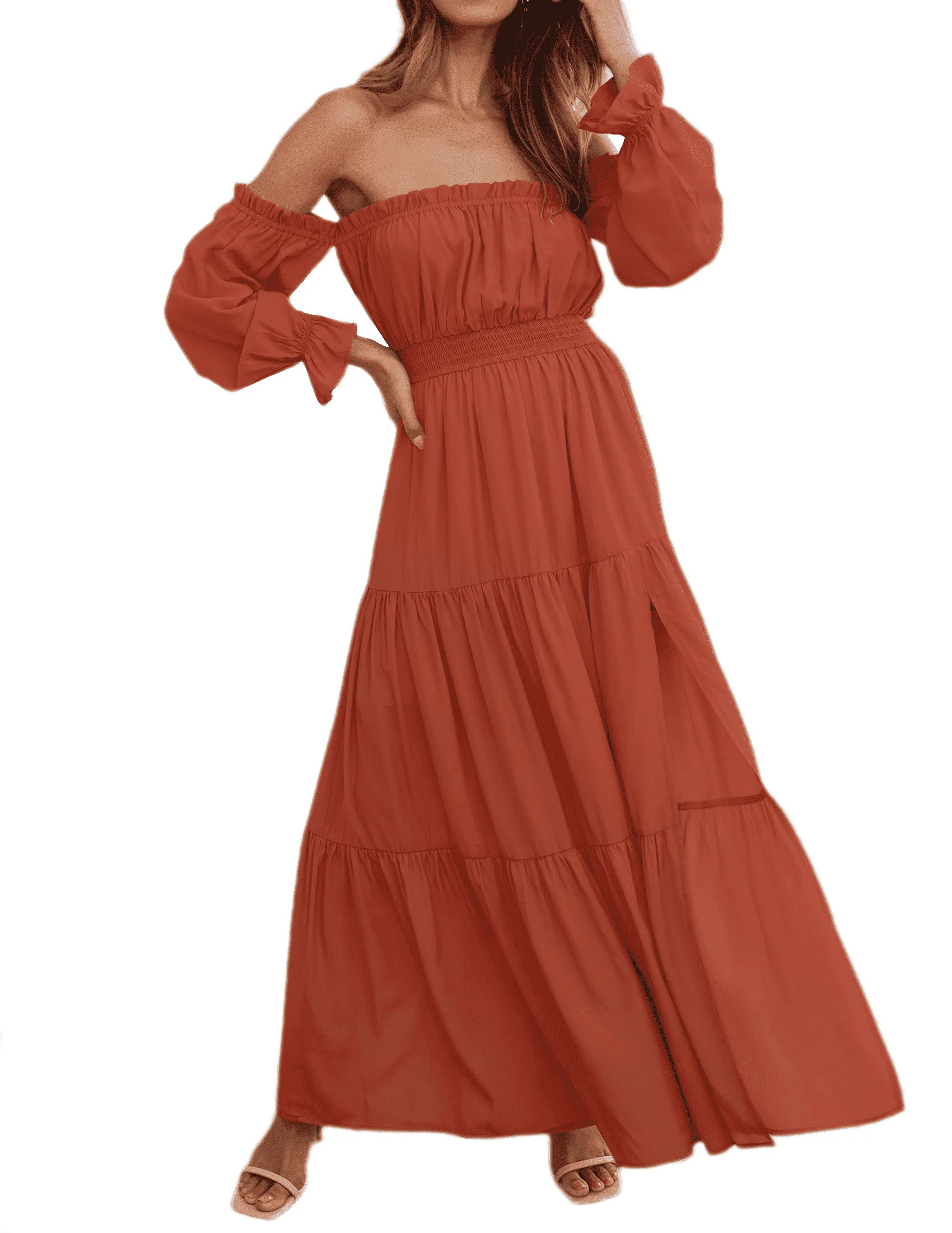 YOGAFOX Women's Boho Smocked Side Split Flowy Maxi Dress Rust Medium - Walmart.com | Walmart (US)