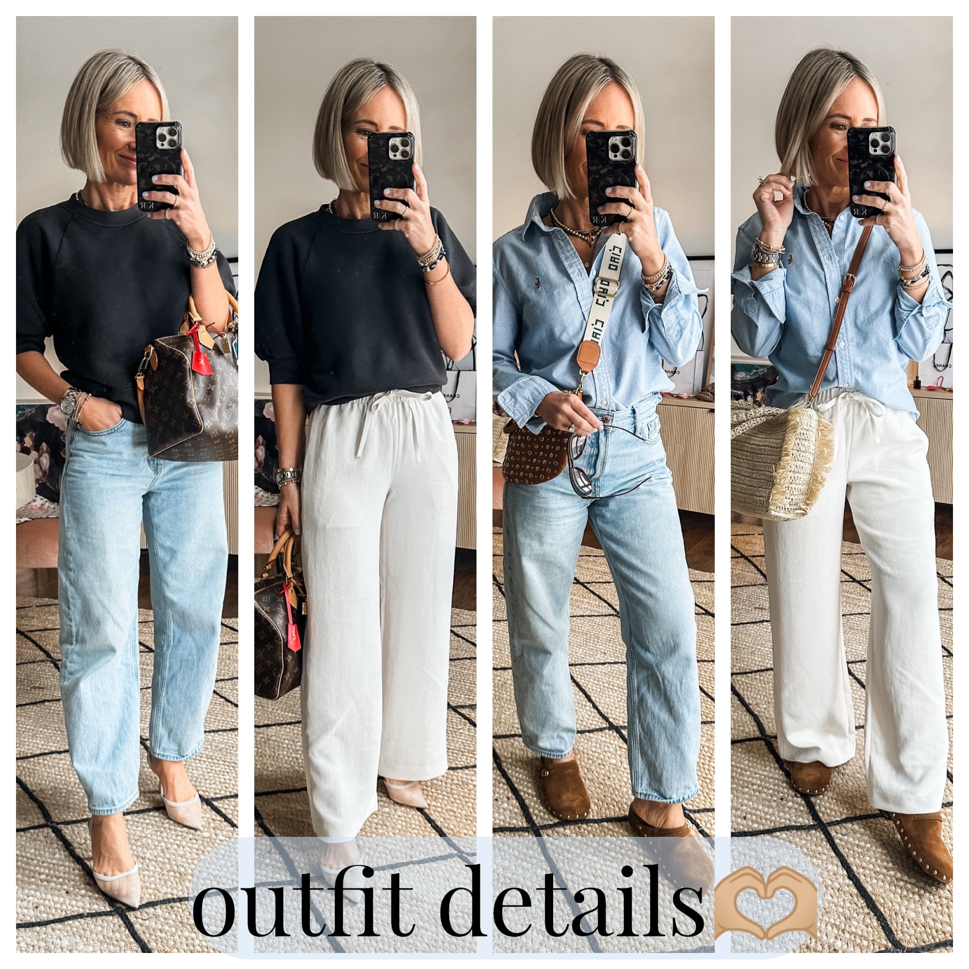 viral pants by @Aritzia   I wear them in an xs
Jeans are a mild barrel by @Pistola Denim - I am in my bigger denim size 25
Black short sleeve sweatshirt by @jcrew in an xs, but i tossed in the dryer and now i wish i had a small - so don’t dry all the way or size up!
Mesh heels - in my bigger shoe size
Suede studded clogs run big- do your smaller size
LV- Speedy 30 Crafty
Clare V bag
@Target straw tote
Denim button down-Ralph Lauren size 2

#LTKOver40 #LTKgrwm #LTKSaleAlert