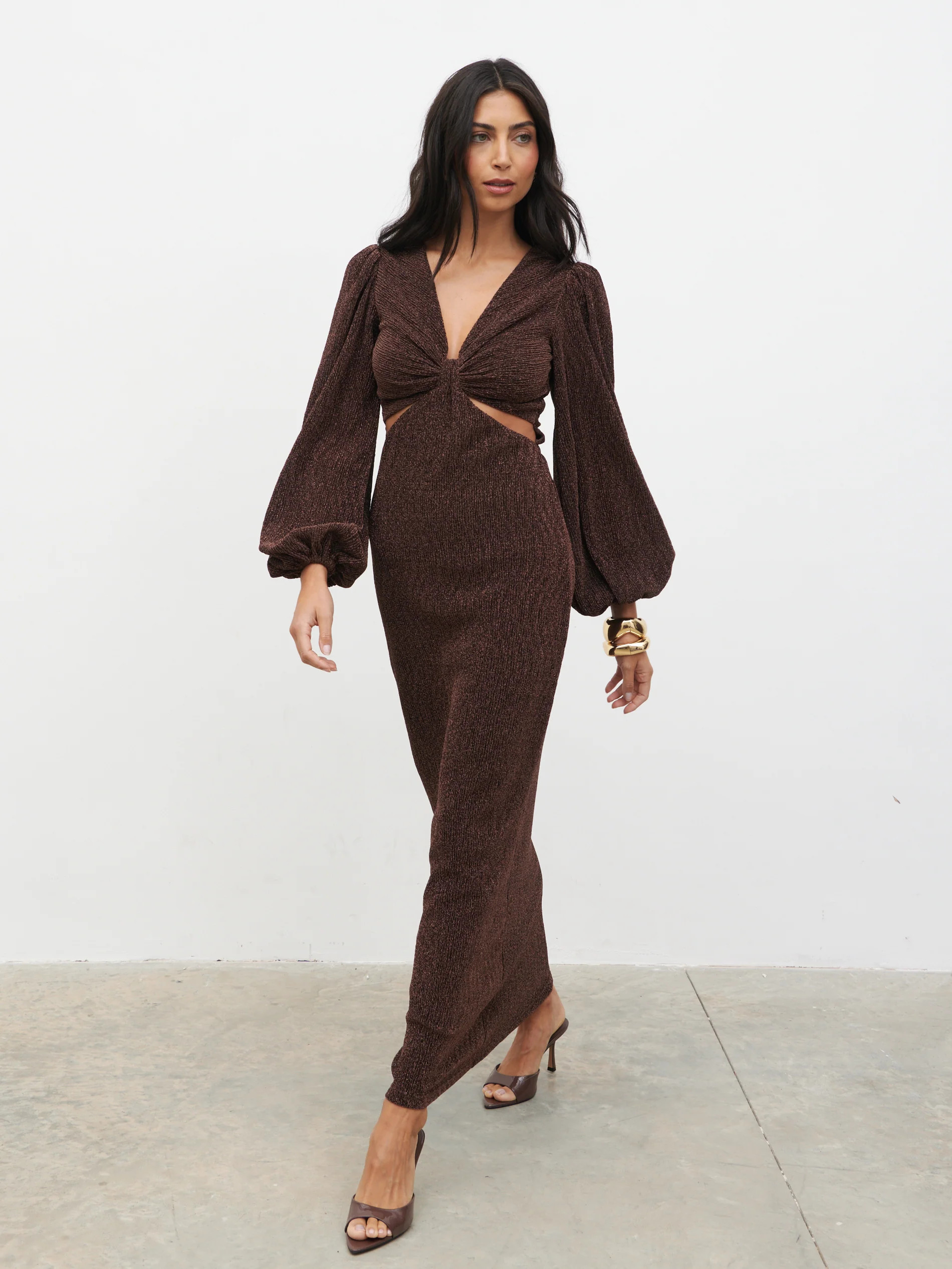 Zaya Lurex Metallic Maxi Dress - Brown | Pretty Lavish (UK)