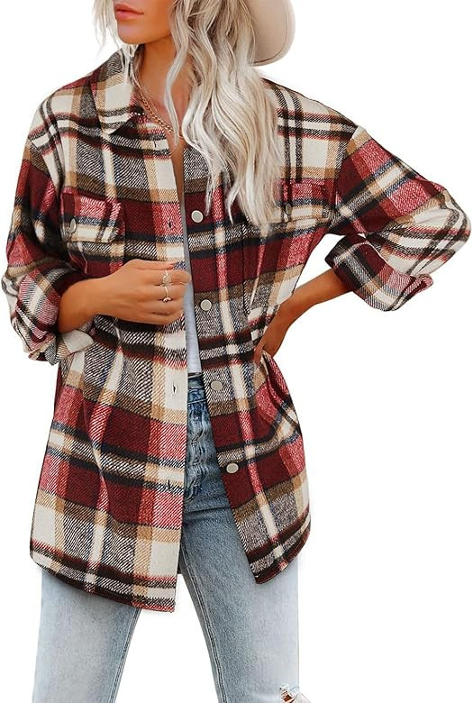 Kalssior Womens Plaid Oversized Shacket Button Down Shirt Flannel Turndown Collar Jacket Coats | Amazon (US)