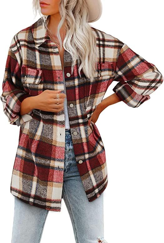 Kalssior Womens Plaid Oversized Shacket Button Down Shirt Flannel Turndown Collar Jacket Coats | Amazon (US)