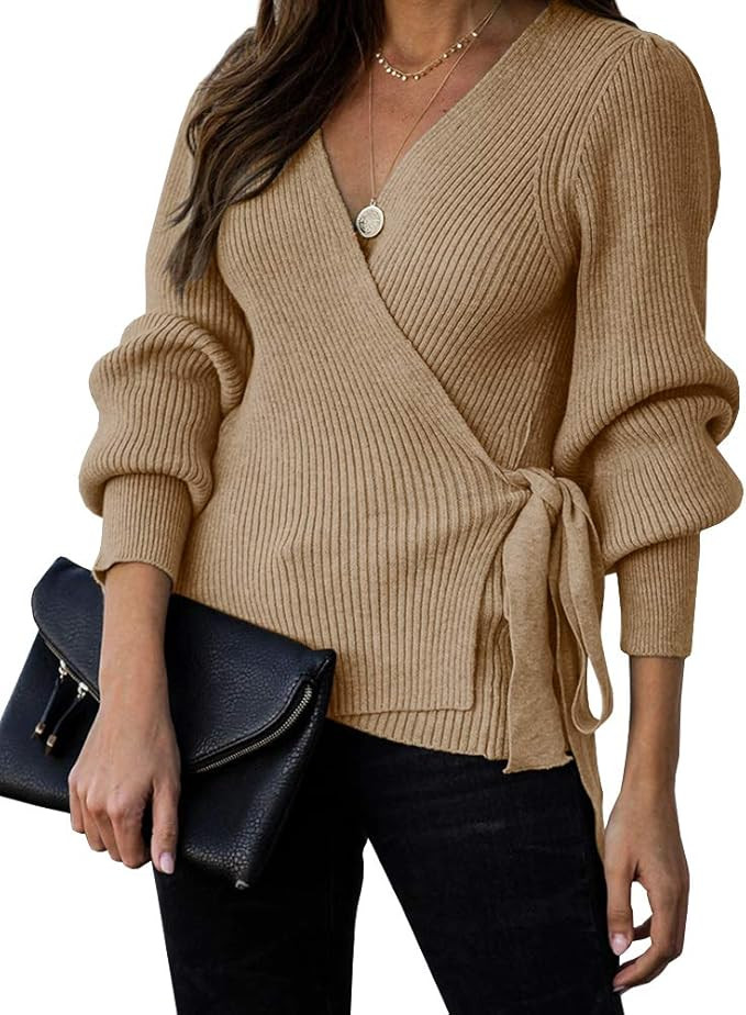 Saodimallsu Womens V Neck Wrap Sweater Loose Batwing Long Sleeve Sexy Pullover Sweaters Tie Ribbe... | Amazon (US)