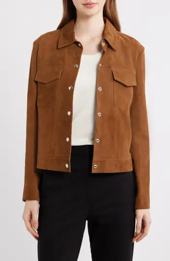 Theory Reece Suede Trucker Jacket in Deep Tobacco at Nordstrom Rack, Size X-Small | Nordstrom Rack