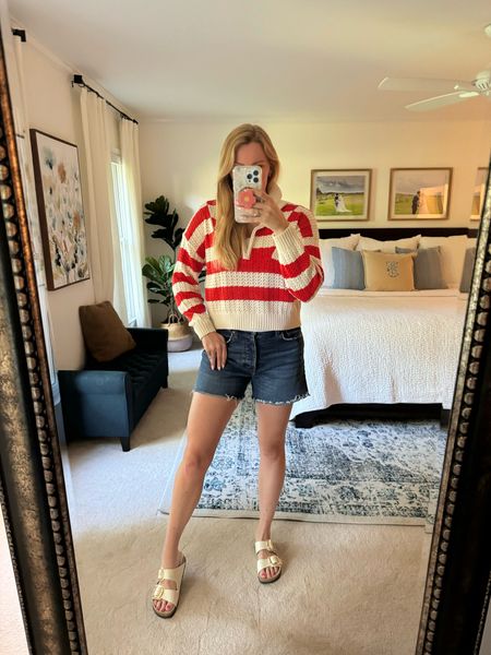 Open knit red and white striped sweater - love the loose, boxy fit! It’s soft and comfortable too. Got my normal size

Scoop neck layering tank underneath in my normal size

High rise dark jeans - these have a great fit and are true to size. 

Red white and blue outfit, comfy Fourth of July look

#LTKFindsUnder50 #LTKStyleTip #LTKSeasonal