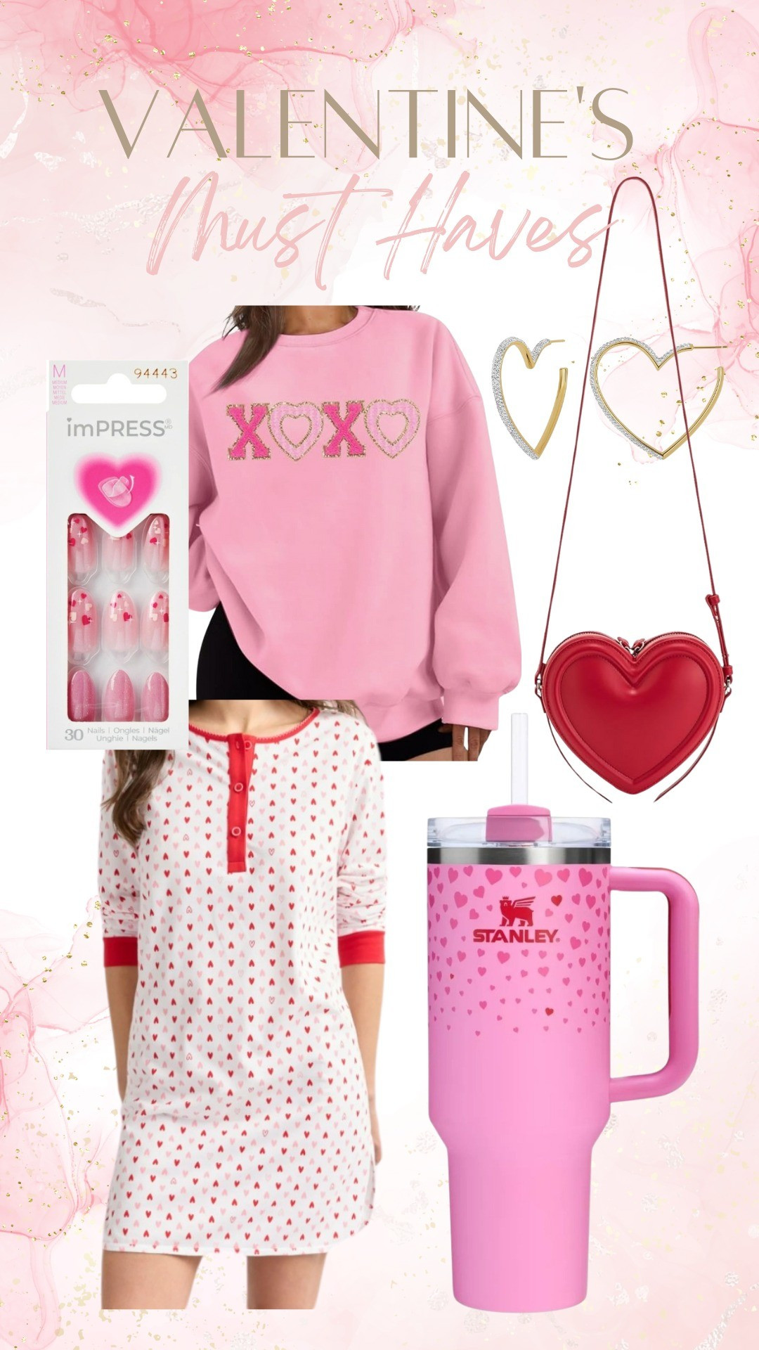Valentine's Day Must Haves! This valentine's sweatshirt is a perfect cozy date night in option as well as these valentine's pajamas. Stanley released their sweet heart quenchers too! I love pairing these with press on valentine's nails,  heart earrings,  and an Amazon heart handbag for a great teen girl love basket! Valentine's Day gift guide for her!

#LTKHoliday #LTKFindsUnder50 #LTKGiftGuide