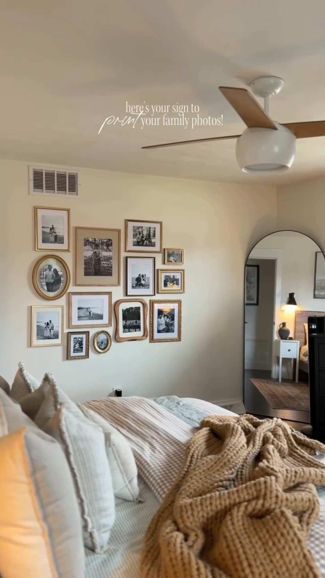 Bedroom gallery wall ✔️ complete 🤍 Here’s your sign to print the fam photos you have taken!! Evelyn is *finally* on our walls!!!… only took me 19 months to print new photos. A good friend told me about Walgreens and it was so easy! I did all matte and they were ready same-day 🥰 Makes me so happy seeing all of these photos on this wall every morning 🫶🏼

Frequent questions on the frames… I started collected them last year! I grabbed the majority at @homegoods or @tjmaxx whenever I spotted ones that I loved. We put them on a huge piece of construction paper and mapped them all out, traced each frame, marked where they’d be hung and then hung the paper to drill holes! Made it SOO simple!! #gallerywall #familyphotos #familyphotoshoot