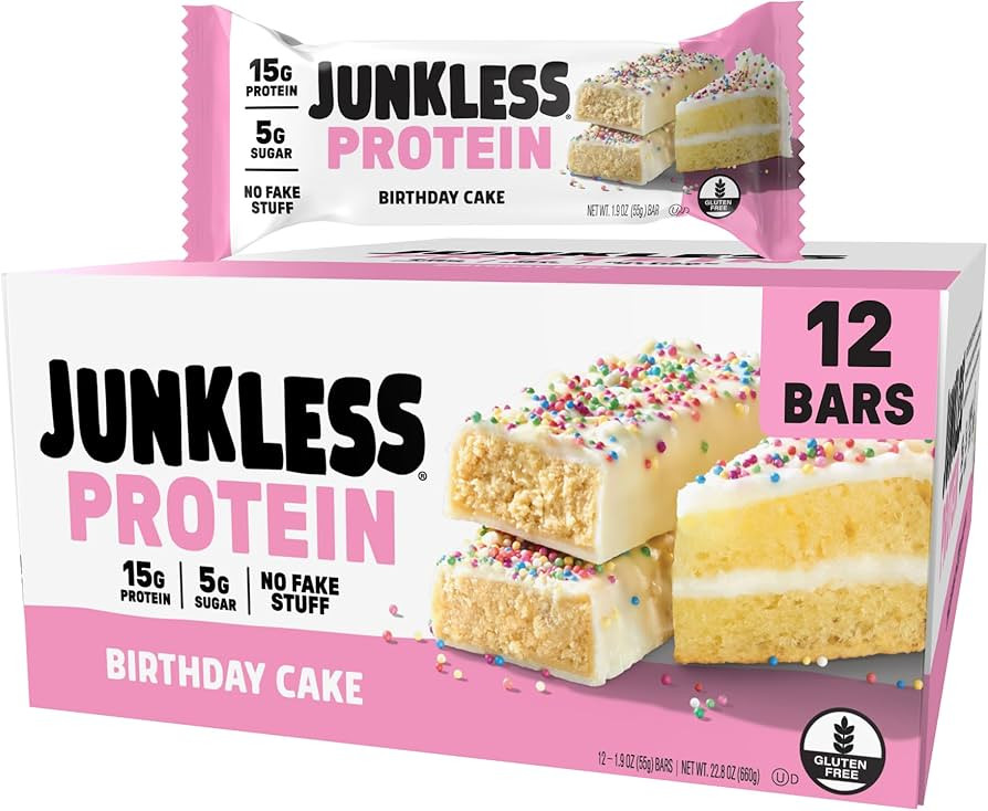 JUNKLESS Protein Bars - Birthday Cake - 15g Protein, Low Sugar, Gluten Free, High Fiber, Deliciou... | Amazon (US)