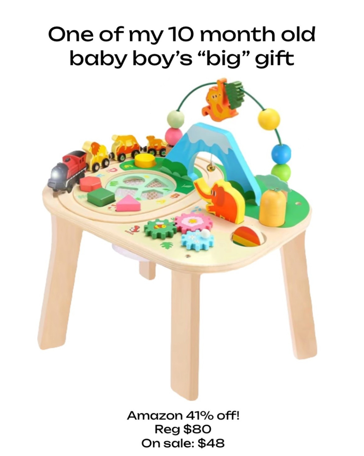 One of my 10 month old baby boys “big” gift! He is pulling up to stand on everything so he needed an activity table!

wingyz Activity Table for 1 Year Old Toddler, 9-in-1 Multi-Colorful Wooden Montessori Toys, Baby Play Table with Bead Maze Shape Sorter Train Toy, Educational Gifts for Kids Boys Girls
47% off On sale for $47 regularly $80
Amazonn


#LTKBaby #LTKGiftGuide #LTKSaleAlert