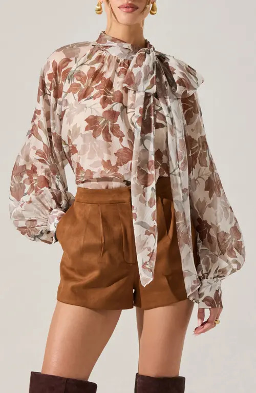 ASTR the Label Cinthia Pussybow Balloon Sleeve Top in Brown White Floral at Nordstrom, Size Large | Nordstrom