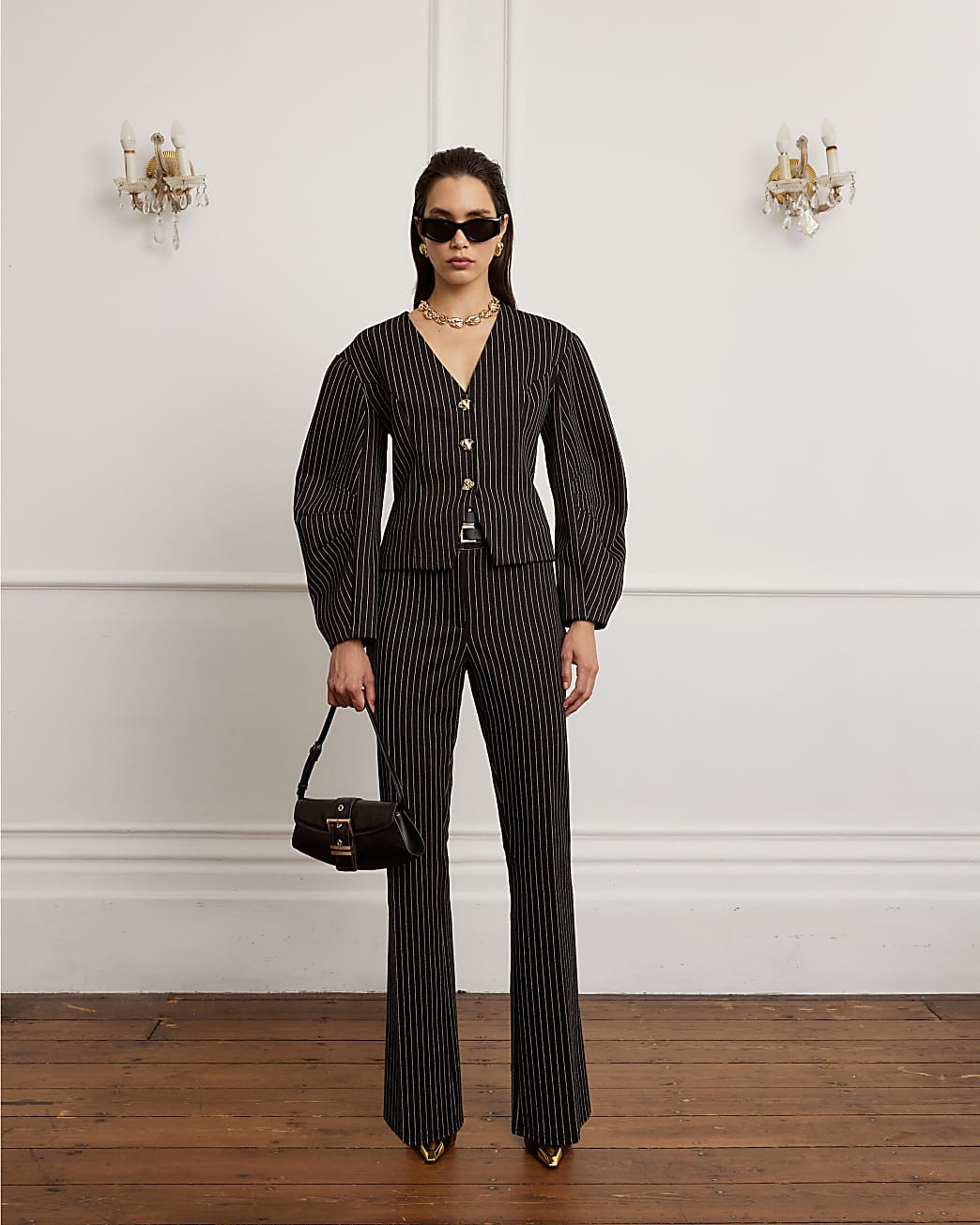 Navy Pinstripe Double Buckle Trousers | River Island UK & IE