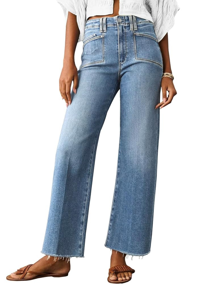 Cicy Bell Womens High Waisted Cropped Jeans Trendy Stretchy Baggy Straight Leg Raw Hem Capri Deni... | Amazon (US)